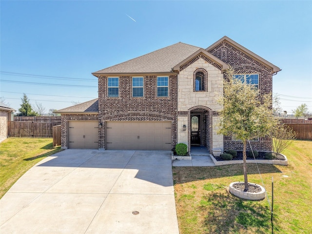 2400 Prairie Trail Ave, Aubrey, TX 76227 - french country home with brick siding, driveway, roof with shingles, and stone siding