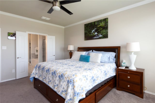 2400 Prairie Trail Ave, Aubrey, TX 76227 - bedroom featuring ornamental molding, light colored carpet, baseboards, a ceiling fan, and connected bathroom