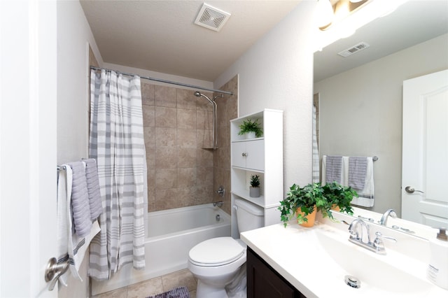 2400 Prairie Trail Ave, Aubrey, TX 76227 - full bath featuring vanity, shower / bath combo with shower curtain, toilet, and tile patterned floors