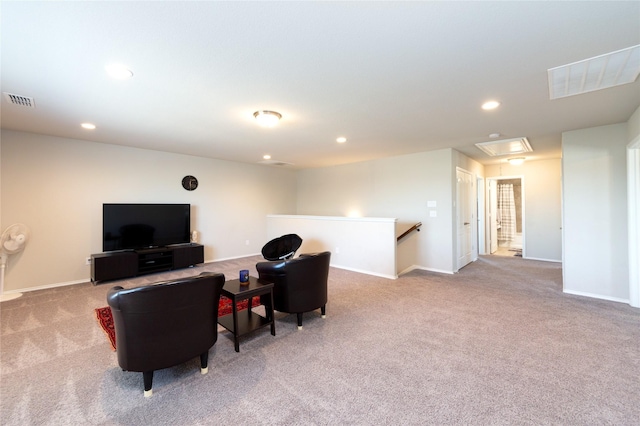 2400 Prairie Trail Ave, Aubrey, TX 76227 - sitting room with carpet, an upstairs landing, attic access, recessed lighting, and baseboards