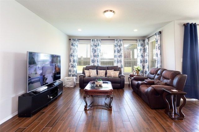 2400 Prairie Trail Ave, Aubrey, TX 76227 - living room with dark wood-type flooring, baseboards, and recessed lighting