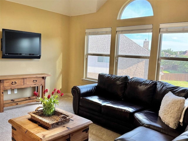 1801 Monaco Dr, Corinth, TX 76210 - living area with carpet flooring, healthy amount of natural light, and lofted ceiling