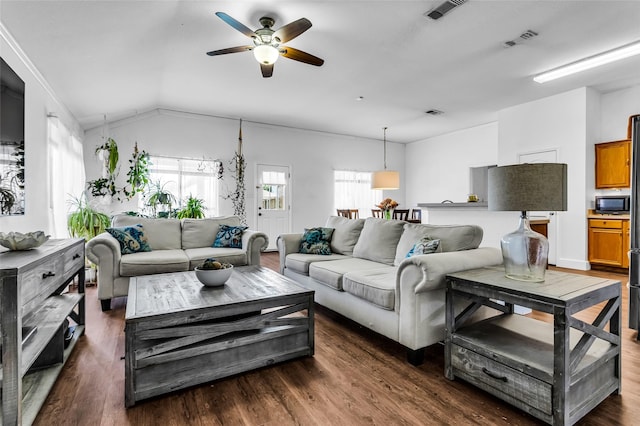 432 Maplegrove Rd, Cedar Hill, TX 75104 - living room featuring ceiling fan, dark wood finished floors, and vaulted ceiling