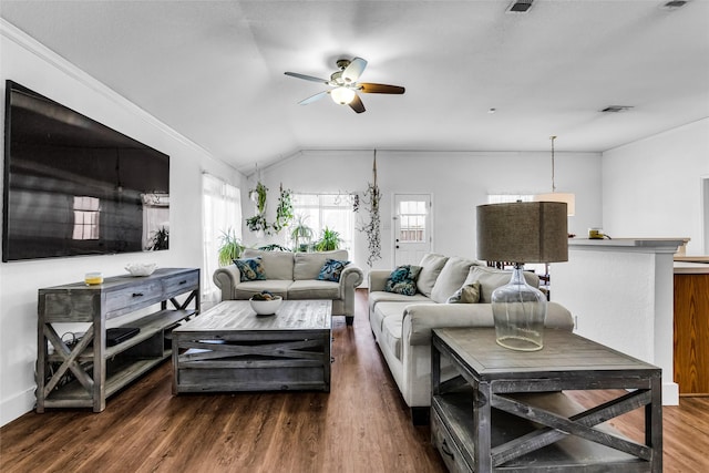 432 Maplegrove Rd, Cedar Hill, TX 75104 - living area featuring a ceiling fan, vaulted ceiling, ornamental molding, and dark wood finished floors
