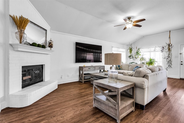 432 Maplegrove Rd, Cedar Hill, TX 75104 - living room with ornamental molding, lofted ceiling, ceiling fan, baseboards, and a fireplace