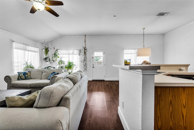 432 Maplegrove Rd, Cedar Hill, TX 75104 - living area with lofted ceiling, crown molding, ceiling fan, dark wood-style flooring, and baseboards