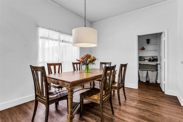 432 Maplegrove Rd, Cedar Hill, TX 75104 - dining space with crown molding, baseboards, built in features, and dark wood-type flooring