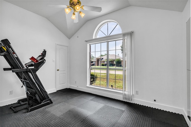 432 Maplegrove Rd, Cedar Hill, TX 75104 - exercise room with lofted ceiling, baseboards, and ceiling fan