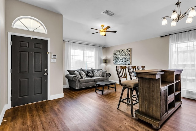 432 Maplegrove Rd, Cedar Hill, TX 75104 - living area featuring a ceiling fan, baseboards, dark wood-style flooring, and a chandelier