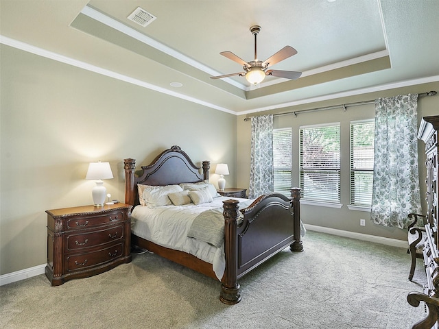 701 Buffalo Springs Dr, Prosper, TX 75078 - bedroom with a tray ceiling, carpet flooring, baseboards, crown molding, and a ceiling fan