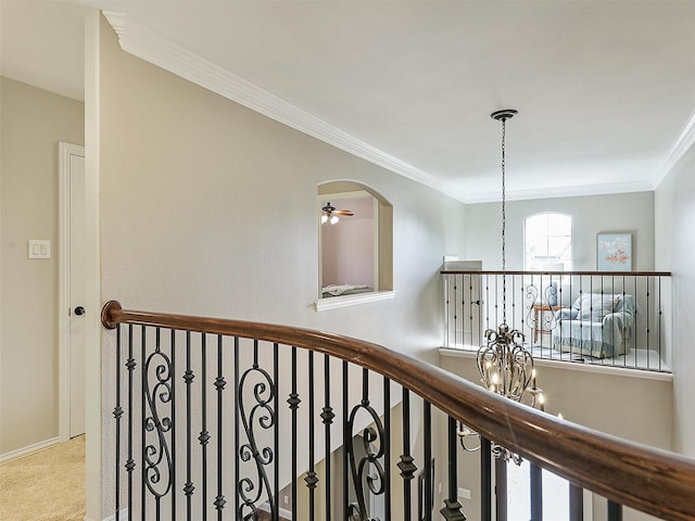 701 Buffalo Springs Dr, Prosper, TX 75078 - hallway with carpet flooring, crown molding, an upstairs landing, and a chandelier