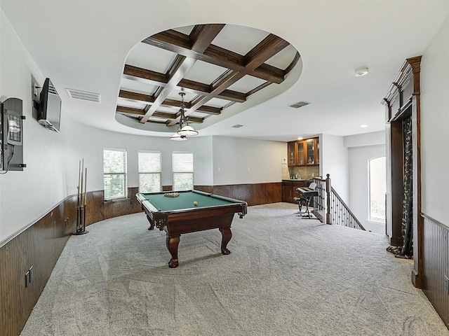 701 Buffalo Springs Dr, Prosper, TX 75078 - playroom with beam ceiling, wood walls, wainscoting, light carpet, and coffered ceiling