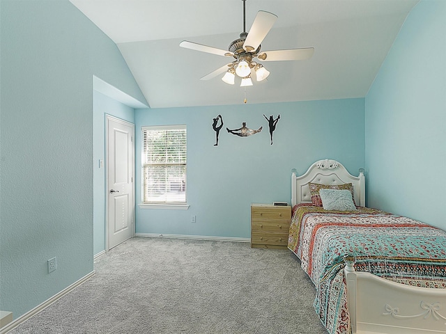 701 Buffalo Springs Dr, Prosper, TX 75078 - bedroom featuring carpet flooring, vaulted ceiling, baseboards, and a ceiling fan
