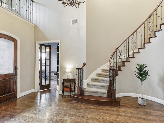 701 Buffalo Springs Dr, Prosper, TX 75078 - entrance foyer with a towering ceiling, wood finished floors, stairs, and baseboards