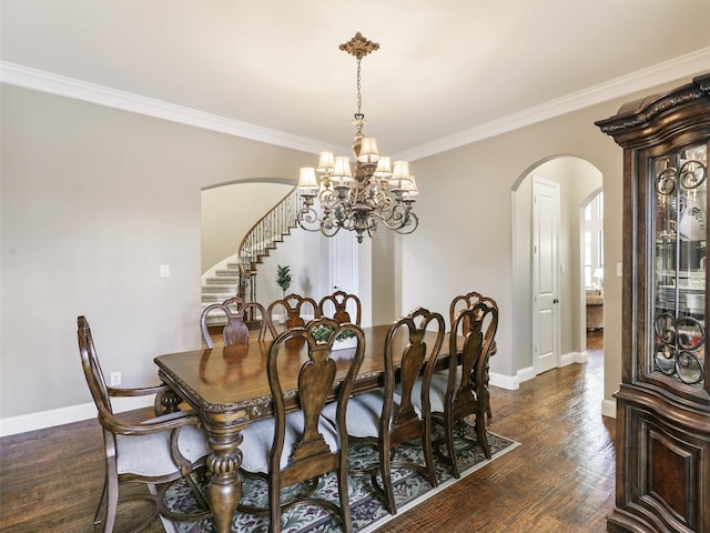 701 Buffalo Springs Dr, Prosper, TX 75078 - dining space featuring arched walkways, ornamental molding, stairway, baseboards, and a chandelier