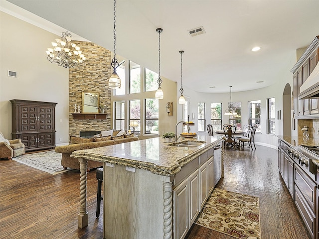 701 Buffalo Springs Dr, Prosper, TX 75078 - kitchen with a sink, dark wood-type flooring, a stone fireplace, open floor plan, and light stone countertops