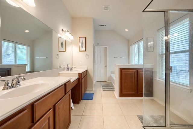 10520 Sexton Dr, Mckinney, TX 75072 - bathroom with vanity, lofted ceiling, healthy amount of natural light, tile patterned floors, and a bath