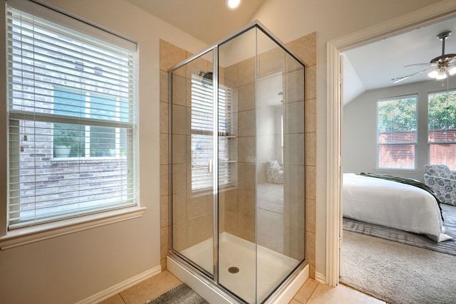 10520 Sexton Dr, Mckinney, TX 75072 - ensuite bathroom with a ceiling fan, a shower stall, baseboards, lofted ceiling, and tile patterned floors