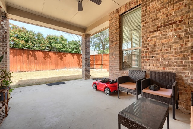10520 Sexton Dr, Mckinney, TX 75072 - fenced backyard featuring ceiling fan and a patio