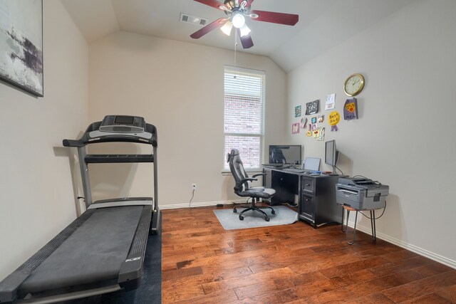 10520 Sexton Dr, Mckinney, TX 75072 - office area with lofted ceiling, a ceiling fan, wood finished floors, and baseboards