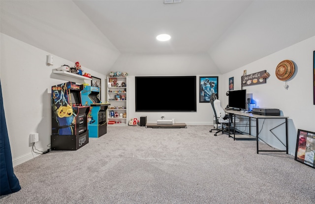 3909 Shrike Trl, Fort Worth, TX 76262 - office area with vaulted ceiling, carpet, built in shelves, and baseboards