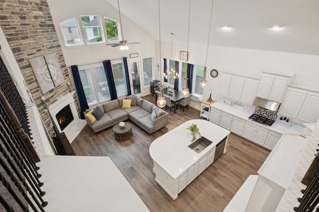 3909 Shrike Trl, Fort Worth, TX 76262 - living area with high vaulted ceiling, light wood finished floors, a fireplace, a ceiling fan, and a chandelier