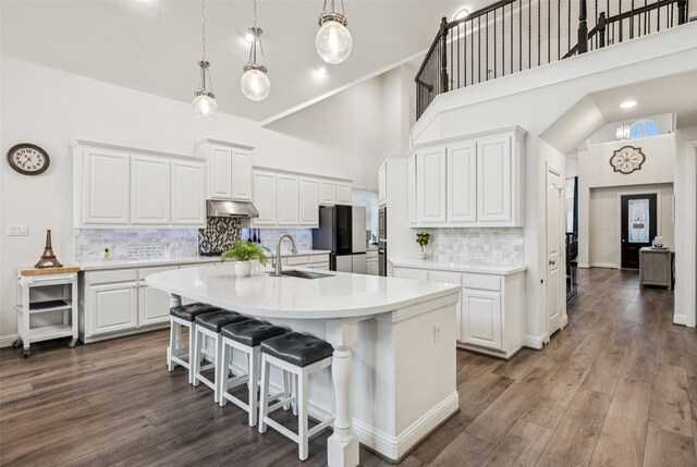 3909 Shrike Trl, Fort Worth, TX 76262 - kitchen with a sink, a kitchen island with sink, light countertops, freestanding refrigerator, and under cabinet range hood