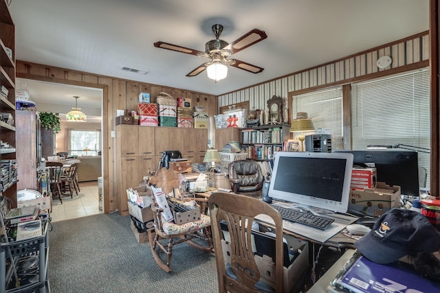 201 S Lake Dallas Dr, Lake Dallas, TX 75065 - office area with a ceiling fan, carpet floors, tile patterned flooring, and wood walls