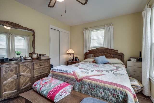 201 S Lake Dallas Dr, Lake Dallas, TX 75065 - bedroom featuring multiple windows, a closet, wood finished floors, and ceiling fan