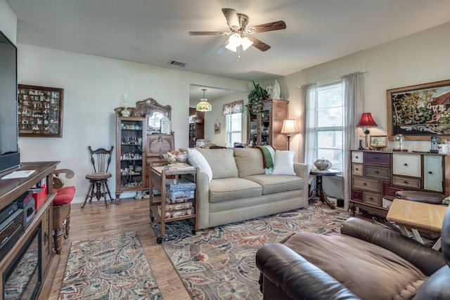 201 S Lake Dallas Dr, Lake Dallas, TX 75065 - living room with ceiling fan and wood finished floors