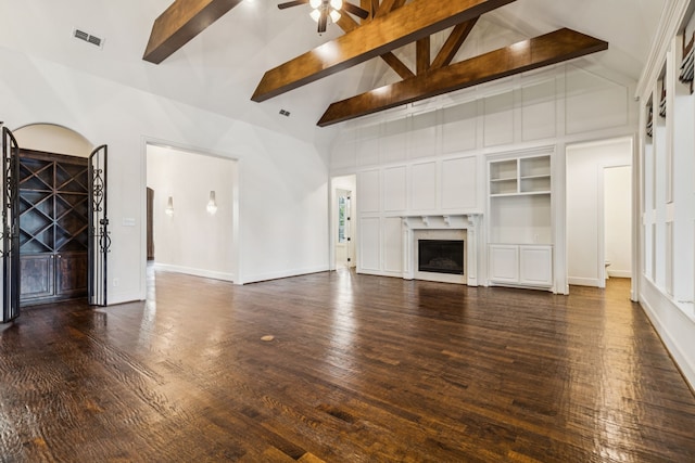 3708 Ledgestone Ct, Richardson, TX 75082 - unfurnished living room featuring ceiling fan, beam ceiling, high vaulted ceiling, dark wood-style flooring, and a fireplace