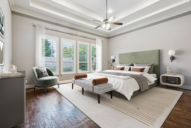 3708 Ledgestone Ct, Richardson, TX 75082 - bedroom featuring a raised ceiling, crown molding, wood finished floors, and ceiling fan