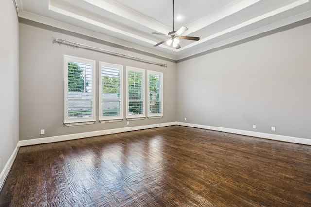 3708 Ledgestone Ct, Richardson, TX 75082 - unfurnished room featuring a raised ceiling, ornamental molding, a ceiling fan, and dark wood-style floors