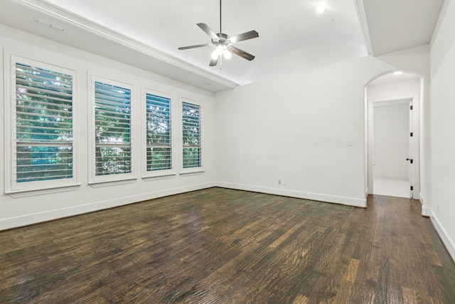 3708 Ledgestone Ct, Richardson, TX 75082 - unfurnished room featuring arched walkways, ceiling fan, dark wood-style floors, and lofted ceiling