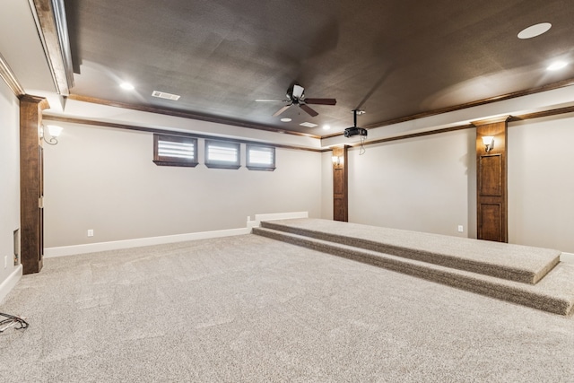 3708 Ledgestone Ct, Richardson, TX 75082 - carpeted cinema featuring crown molding, ceiling fan, and recessed lighting