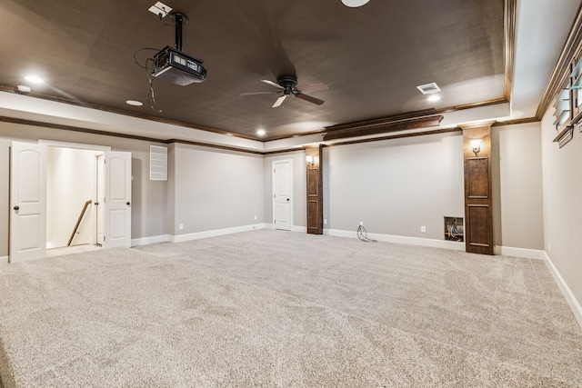 3708 Ledgestone Ct, Richardson, TX 75082 - below grade area featuring ceiling fan, carpet floors, and crown molding