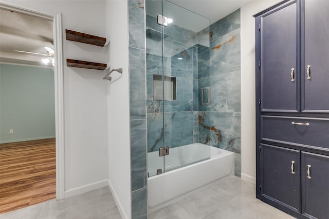 1614 Windsong Trl, Richardson, TX 75081 - bathroom featuring ceiling fan, enclosed tub / shower combo, and tile patterned flooring