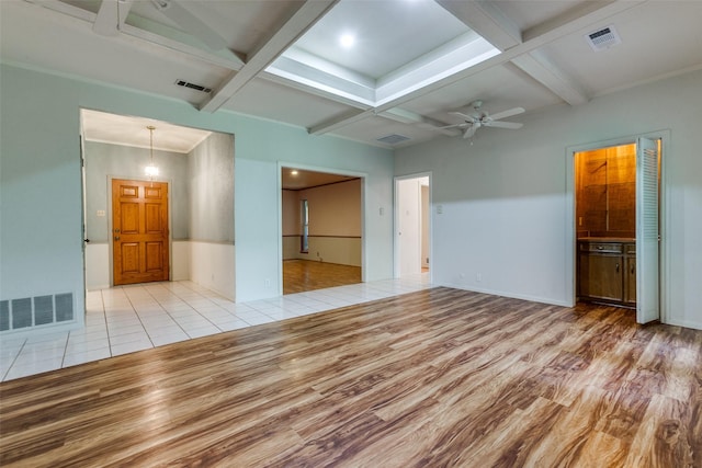 1614 Windsong Trl, Richardson, TX 75081 - spare room featuring coffered ceiling, wood finished floors, beamed ceiling, and ceiling fan