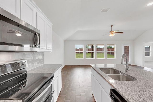 4311 Cordata Dr, Melissa, TX 75454 - kitchen featuring stainless steel appliances, a sink, vaulted ceiling, ceiling fan, and wood finished floors