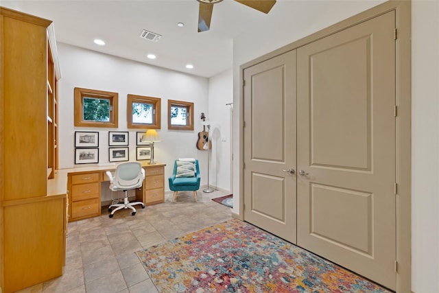 1212 Porter Rd, Bartonville, TX 75022 - home office with a ceiling fan, recessed lighting, and light tile patterned floors