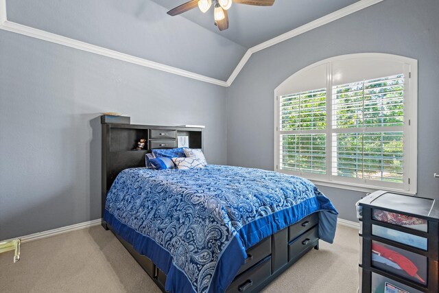 3804 Morning Dove Dr, Plano, TX 75025 - carpeted bedroom featuring ornamental molding, lofted ceiling, multiple windows, baseboards, and a ceiling fan
