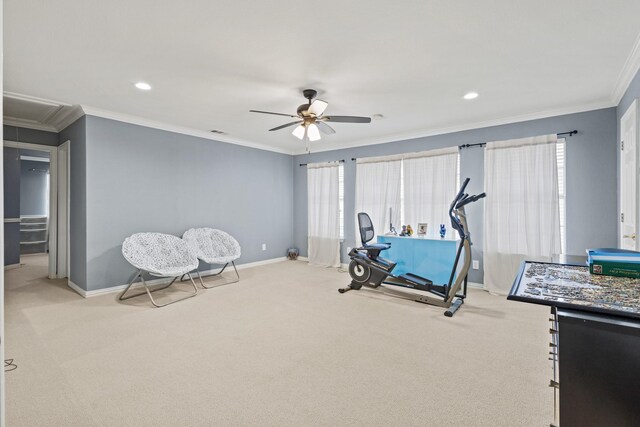 3804 Morning Dove Dr, Plano, TX 75025 - workout area featuring carpet floors, baseboards, ceiling fan, crown molding, and recessed lighting