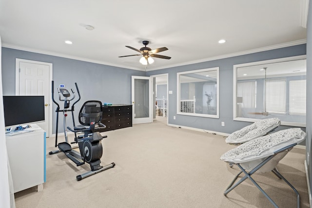 3804 Morning Dove Dr, Plano, TX 75025 - exercise room featuring ceiling fan, baseboards, carpet floors, ornamental molding, and recessed lighting