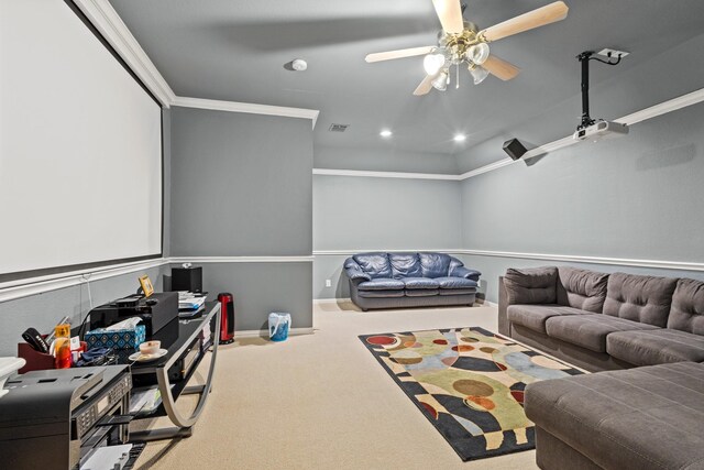 3804 Morning Dove Dr, Plano, TX 75025 - carpeted cinema room with ceiling fan, ornamental molding, baseboards, and recessed lighting