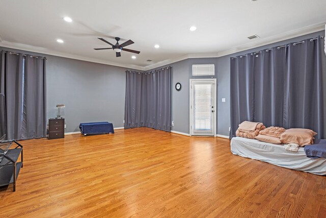3804 Morning Dove Dr, Plano, TX 75025 - living room featuring ornamental molding, recessed lighting, light wood-style flooring, ceiling fan, and baseboards