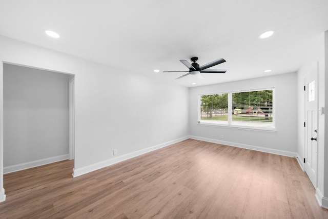 2415 Falls Dr, Dallas, TX 75211 - unfurnished bedroom with recessed lighting, light wood finished floors, baseboards, and a ceiling fan