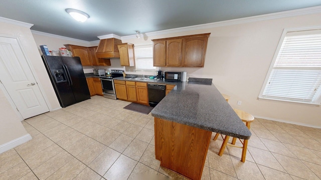2008 Pine Knot Dr, Heartland, TX 75126 - kitchen featuring black appliances, a peninsula, dark countertops, crown molding, and light tile patterned floors