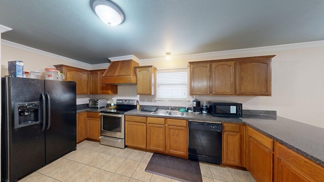 2008 Pine Knot Dr, Heartland, TX 75126 - kitchen featuring black appliances, custom range hood, a sink, ornamental molding, and light tile patterned floors