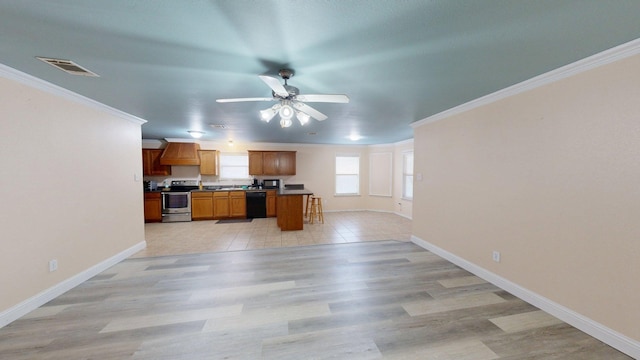 2008 Pine Knot Dr, Heartland, TX 75126 - kitchen featuring stainless steel electric stove, black dishwasher, a ceiling fan, ornamental molding, and baseboards