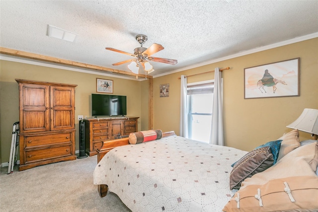 1055 Miller Rd, Reno, TX 76020 - bedroom with light colored carpet, crown molding, a ceiling fan, and a textured ceiling